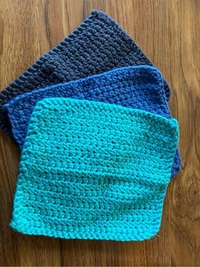 Handmade Crochet Washcloths in Teal, Blue, and Dark Denim